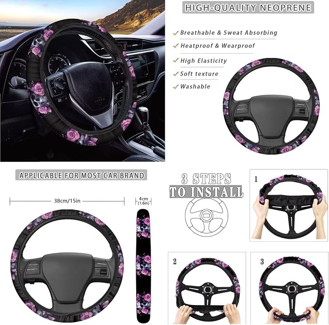 Skull Rose Pink Print 10 Pack Car Seat Covers Set Wear-Resistan Front Rear Seat Covers, Steering Wheel Cover, Air Vent Storage, Garbage Can, Cup Coaster, Keychain for SUV Truck