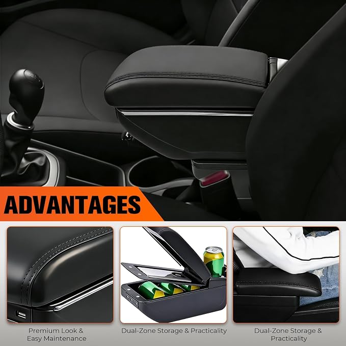 Armrest Box Compatible with Kia Rio 2012 2013 2014 2015 2016, Double Layer Black Leathe Center Console Organizer with 7 USB Ports, Adjustable Armrest Pad, Cup Holder,Ashtray(Black Thread)