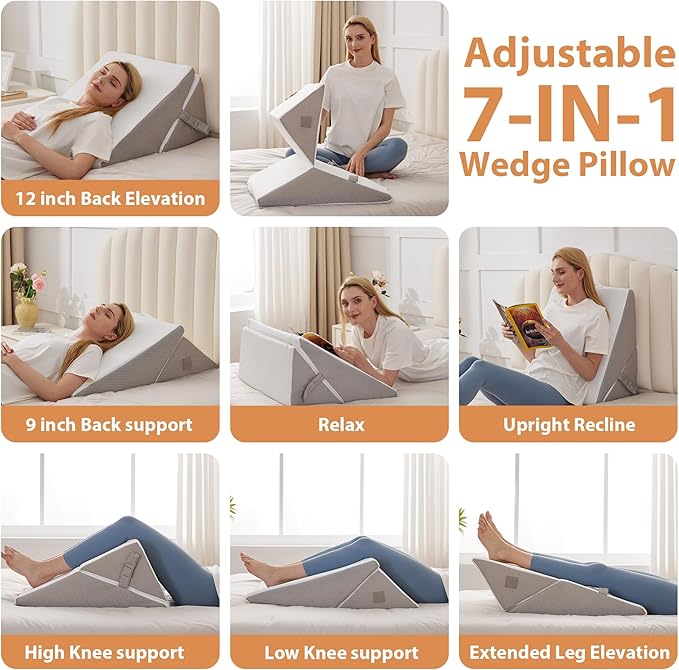 BIEEZZK Wedge Pillow, Adjustable Back Pillow for Sleeping, 9&12“ Bed Wedge Pillow Set for After Surgery, Triangle Memory Foam Pillow Wedges for Headboard, Acid Reflux, Snoring, GERD, White/Grey