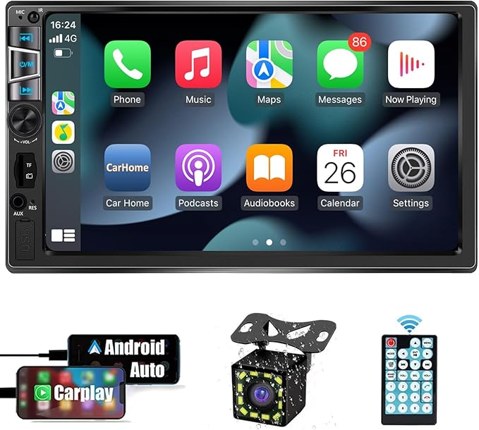 New Double Din Car Stereo with Wireless CarPlay & Android Auto, 7 in HD Car Radio with Bluetooth, USB/SD/AUX Input, FM, SWC, Subwoofer Support -HD Touchscreen Radio for Seamless Car Audio Integration