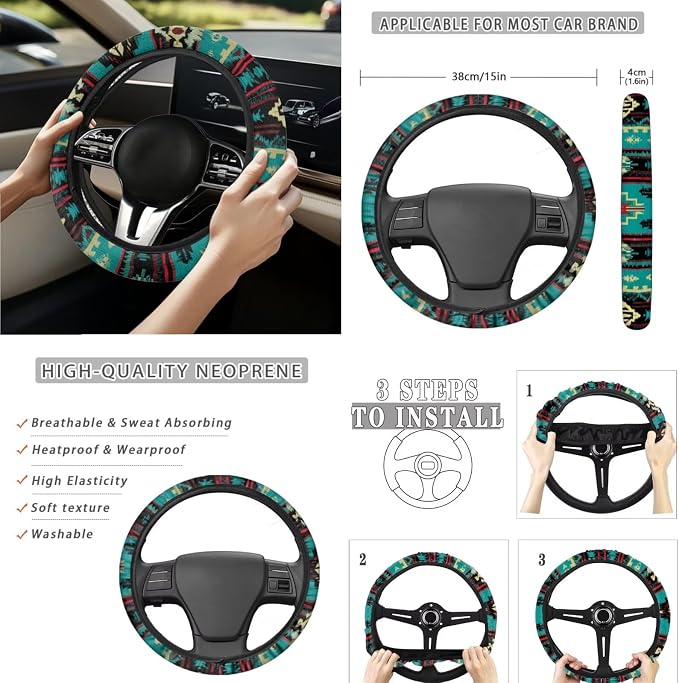 Green Aztec Tribal Car Seat Covers Set of 15 with Universal Steering Wheel Cover, Rearview Mirror Cover, Car Trash Can, Seatbelt Pads, Cup Holder Coasters, Keychains
