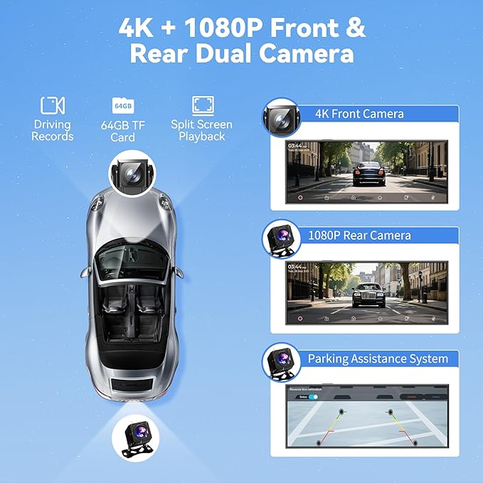 11.5" Extra Large Wireless Apple CarPlay Screen for Car, 4K Portable Car Play Screen & Android Auto HD Touch Screen, Dash Cam Front and Rear, App Control, Mirror Link, Voice Control, GPS, Bluetooth