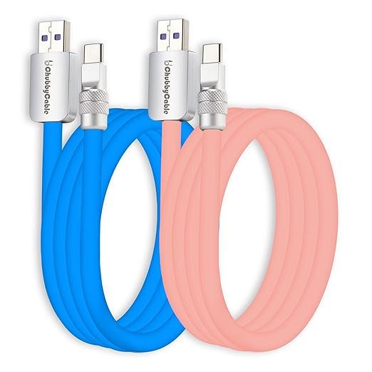 chubbycable Couple Chubby 2 Pack 120W USB C Cable Extra Thick Silicone Fast Charging Cable Compatible with iPhone 17-15 Series iPad Galaxy Series, Blue+Pink, USB-A to Type-C, 3.3FT