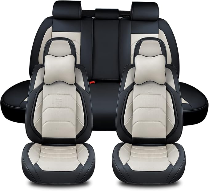TIEHESYT Car Seat Covers Full Set, Breathable Nappa Leather Car Seat Cushions, Auto Interiors Universal Fit for Most Cars, Compatible Automotive Vehicles(Sedan/SUV/Van), Black & White