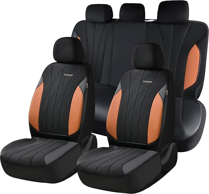 Coverado Seat Covers for Car, Leather Automotive Car Seat Covers 5 Seats, Mesh Breathable Auto Seat Protectors, Brown Seat Covers Universal Fit for SUV, Truck, Vans, Sedan