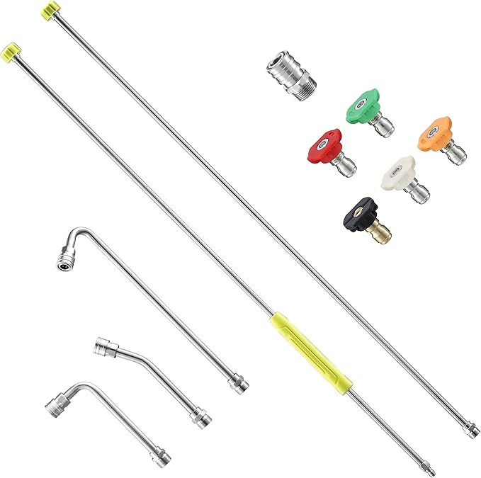 FIXFANS Pressure Washer Extension Wand, 120” Pressure Washer Lance Replacement, Stainless Steel Power Washer Wand with 1/4” Quick Connect, Gutter Cleaner Attachment 30°/90°/120° Curved Rods, 5 Nozzles