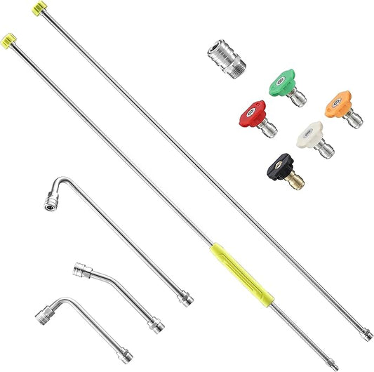 FIXFANS Pressure Washer Extension Wand, 120” Pressure Washer Lance Replacement, Stainless Steel Power Washer Wand with 1/4” Quick Connect, Gutter Cleaner Attachment 30°/90°/120° Curved Rods, 5 Nozzles