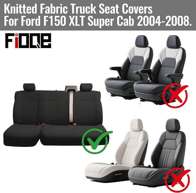 Heavy-Duty Knit Seat Covers for Ford F150 XLT Super Cab 2004 2005 2006 2007 2008 Rear Bench Durable Fabric Protection - Black