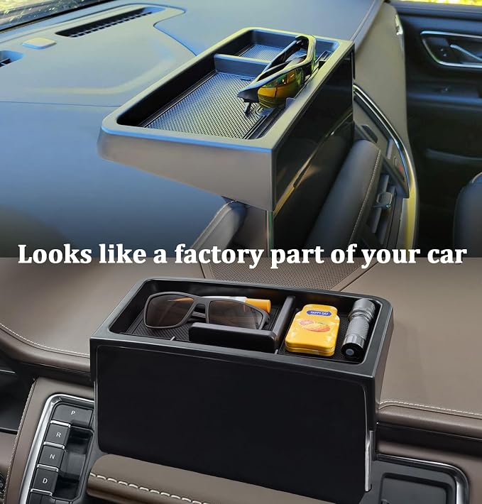 TOPINSTALL Dash Center Console Tray and Power-Sliding Console Black Tray Compatible with 2021-2023 2024 Tahoe/Suburban/Yukon Accessories, Full-Size Armrest Organizer New Dashboard Storage Organizer