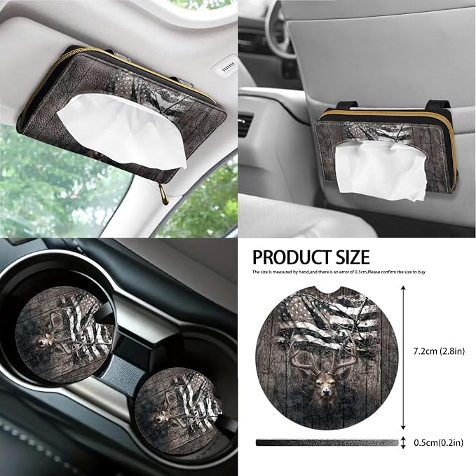 Poceacles Retro American Flag Deer Print Car Accessories for Women Car Seat Cover Steering Wheel Cushion Seat Belt Pads Cup Coaster Lip Chapstick Holder Bag Tissue Holder 13 Pack for Trucks SUV