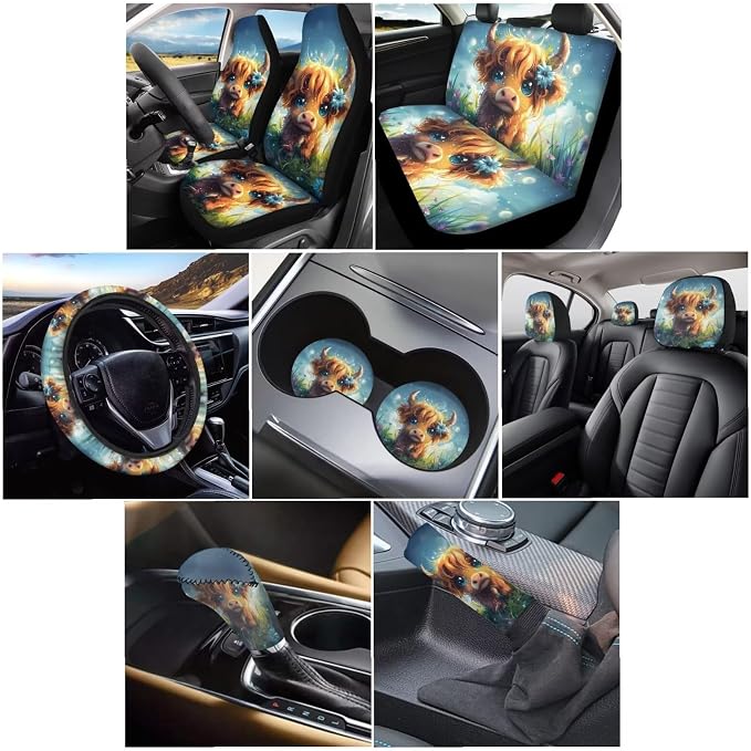Wanyint Cute Highland Cow 11 Pack Car Seat Cover Set with Steering Wheel, Shift Knob, Handbrake, Coasters & Headrest Covers - Universal Fit