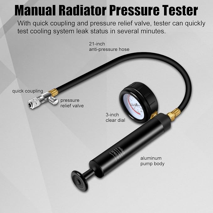 Radiator Pressure Tester Kit, 18PCS Automotive Water Tank Manual Pump Pressure Test Tool and Adapters Work on Cooling System Leak Down Detection for Cars Motorcycles Trucks Airlifts, Blue
