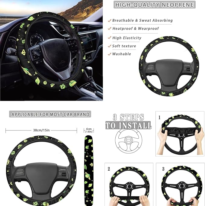 Alien Moon UFO Star 8Pcs Car Accessories Full Set with Seat Cover + Steering Wheel Cove + Seatbelt Pads and Center Console Cover for Women Menl, Universal & Stretchy Fit SUV Truck Sedan Van