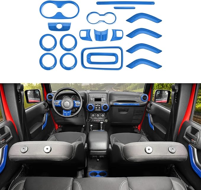 RAZPOY JK 18PCS Interior Trim Kit, Steering Wheel Trim & Gear Shift Cover Air Conditioning Vent Trim Compatible with 2011-2017 Jeep Wrangler JK 4-Door, Blue
