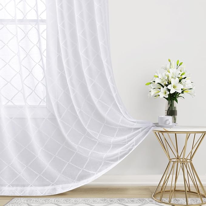 Hokibero Pure White Semi Sheer Curtains 96 Inches Long for Floor Length Living Room Bedroom,Back Tab Rod Pocket Light Filtering Drapes Geometric Embroidered Pattern Dining Room,52 x 96,2 Panels