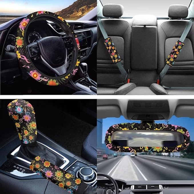 Universal Fit Colorful Flower Musical Note Car Seat Covers Full Sets+Hippie Car Coaster/15In Steering Wheel/Seatbelt/Keychain/Mirror Cover/Gear Shift Knob Handbreak Pad Aesthetic Car Accessory