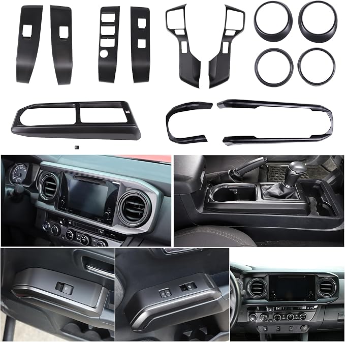 14PCS Full Set Interior Decoration Trim Kit Compatible with Toyot@ Tacoma 2016-2022 Central Control Dashboard Frame Cover Shift Knob Cover Air Vent Trim Cover Window Button Cover (Matte Black)
