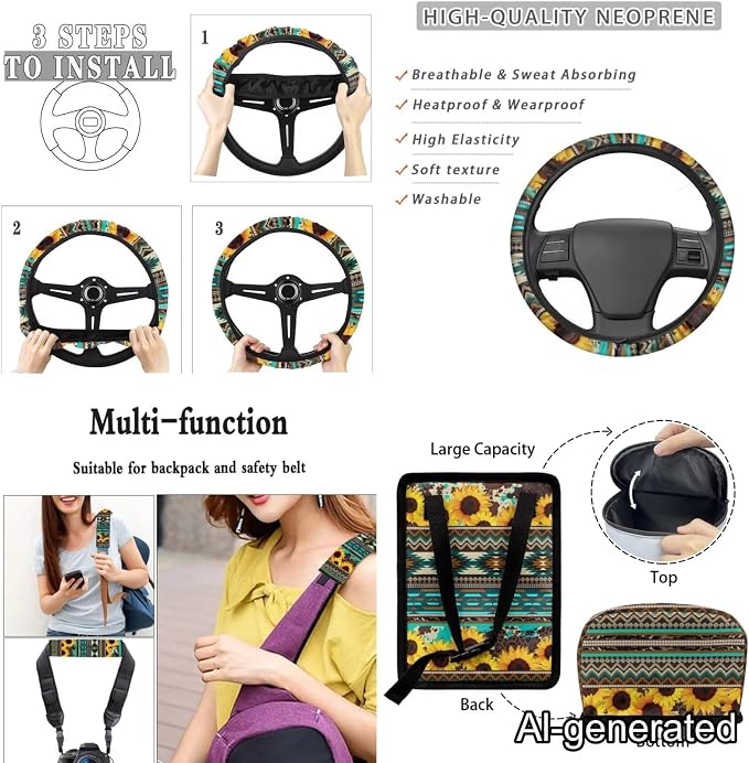 Dreaweet Sunflower Aztec Seat Covers Full Set Green Universal Car Accessories for SUV Trucks Steering Wheel Covers Seatbelt Covers Coaster Trash Can Air Vent Holder Rear View Mirror Cover Keychain