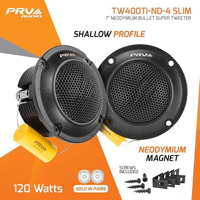 PRV Audio Bullet Super Tweeters Neodymium, 3 Inch PRV Tweeter Black TW400Ti-Nd-4 Slim 240 Watts 4 Ohm, Easy to Mount, 3 Inch Speaker Replacement (2 Tweeters)