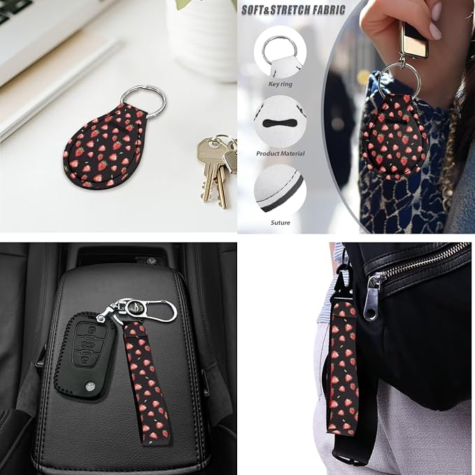 16 Pcs Strawberry Car Seat Covers Full Set Black Car Sunshade for Windshield Auto Steering Wheel Cover Armrest Cushion Head Rest Protector Seat Belt Covers with Keychain Fruit Accessories
