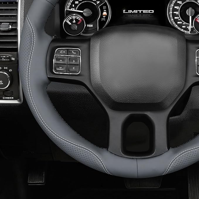 MEWANT DIY Hand Stitch Steering Wheel Cover for Dodge Ram 1500 2500 3500 2004-2008 Grey Faux Leather Steering Wheel Wrap