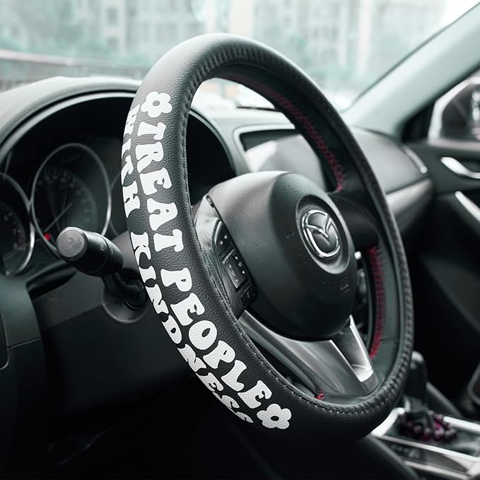 Treat People with Kindness Car Leather Steering Wheel Cover - 15-inch Universal Microfiber- Soft & Breathable & Silicone Anti Slip Auto Steering Wheel Wrap for Women