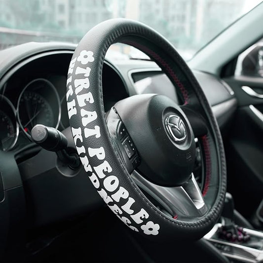 Treat People with Kindness Car Leather Steering Wheel Cover - 15-inch Universal Microfiber- Soft & Breathable & Silicone Anti Slip Auto Steering Wheel Wrap for Women