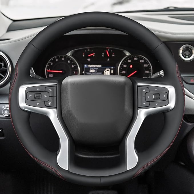 MEWANT Hand Stitch Steering Wheel Cover for Chevy Silverado 1500 Blazer Suburban Tahoe Faux Leather Steering Wheel Wrap