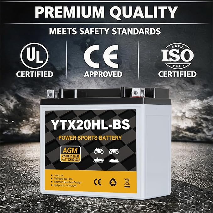 YTX20HL-BS Motorcycle Battery 12V 18Ah 310CCA, Maintenance Free Sealed AGM Powersport Battery, Replacement for ATV UTV Scooter, YTX20HL BS / ETX20L / GTX20HL-BS