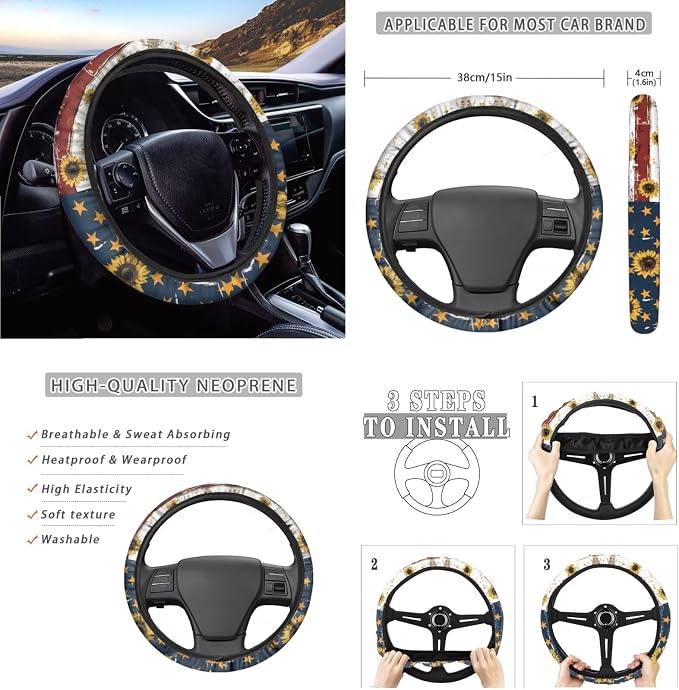 12 Pcs Cow Sunflower American Flag Car Seat Covers Full Set for Women Men,Independence Day Patriotic USA Flag Auto Seat Protection +Steering Wheel Cover+Keyring Armrest Pads+Seatbelt Pads