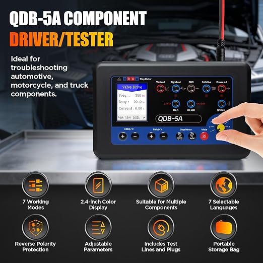 QDB-5A Ignition Coil Tester Tool Kit, Adjustable PWM Signal Generator | with Carrying Case, 7 Working Modes, 7 Languages, 2.4-Inch Color Display, for Valves/Fuel Injectors/Ignition Coils/Motors