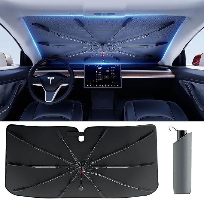 DMJN Umbrella Windshield Sun Shade for Tesla New Model Y Juniper, Y & 3 (2016-2026), Car Sunshade for Front Windshield [Nano Ice-Crystal Coatings] UPF50+ Heat & UV Block, Protect Interior & Keep Cool