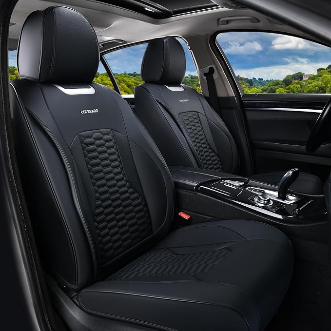 Coverado Car Seat Covers Full Set, Nappa Leather Seat Covers for Cars, Waterproof Automotive Car Seat Covers Interior Accessories Universal Fit Most Sedans, SUVs, Pick-up Trucks (Black)