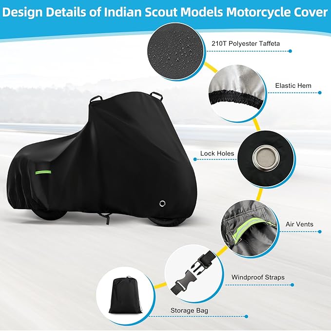 Motorcycle Cover Waterproof for Indian Scout/Scout Bobber/Scout Sixty/Sport Chief, Heavy Duty Outdoor Sun Rain Snow UV Dust All Weather Protection Motorbike Cover with Soft Cotton Lining & Lock Hole