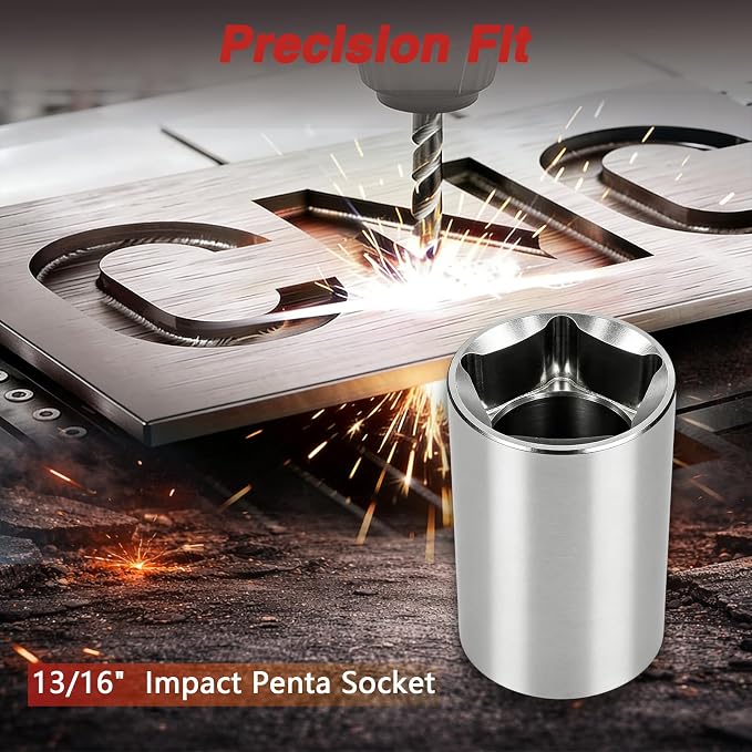 EVRBUL Stainless Steel 13/16" Penta Socket with 3/8" Drive Impact Utility Socket for 13/16" Pentagon Nuts and Bolts on Utility Service Applications