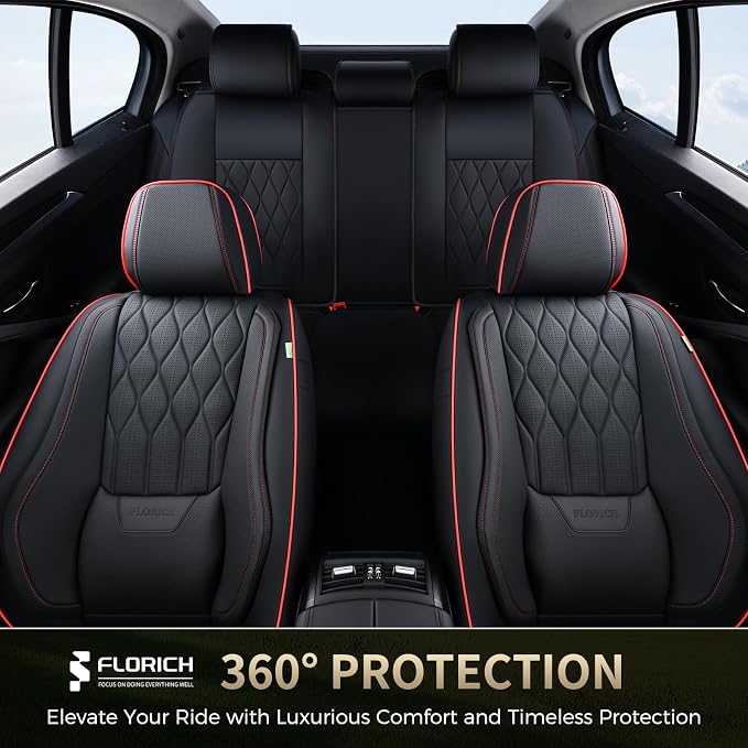 FLORICH Seat Covers Car Seat Covers Full Set Leather Seat Cover Front and Rear Luxury Waterproof Non-Slip Seat Protector Cushion Universal Fit for Most Cars Sedans Trucks SUV, Black&Red Line