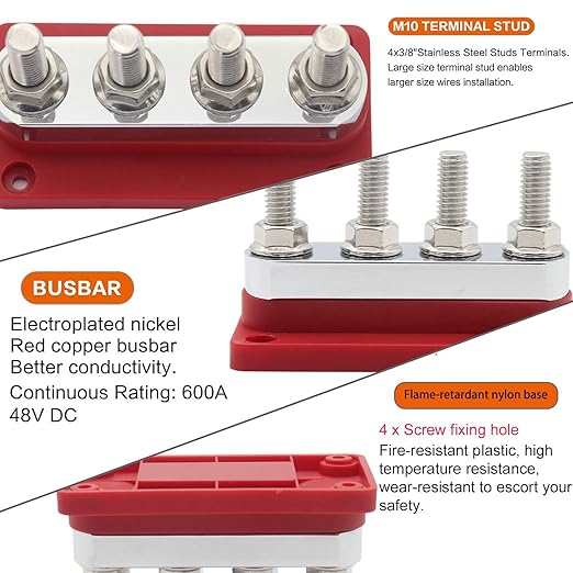 Heavy DUty BusBar Copper Ground Power Distribution Block 12V-48V 600A with 4X 3/8" Posts Terminal, Marine Bus Bar, High Current DC Battery Buss Bar with Cover for Car RV Solar Trucks Yacht, Red