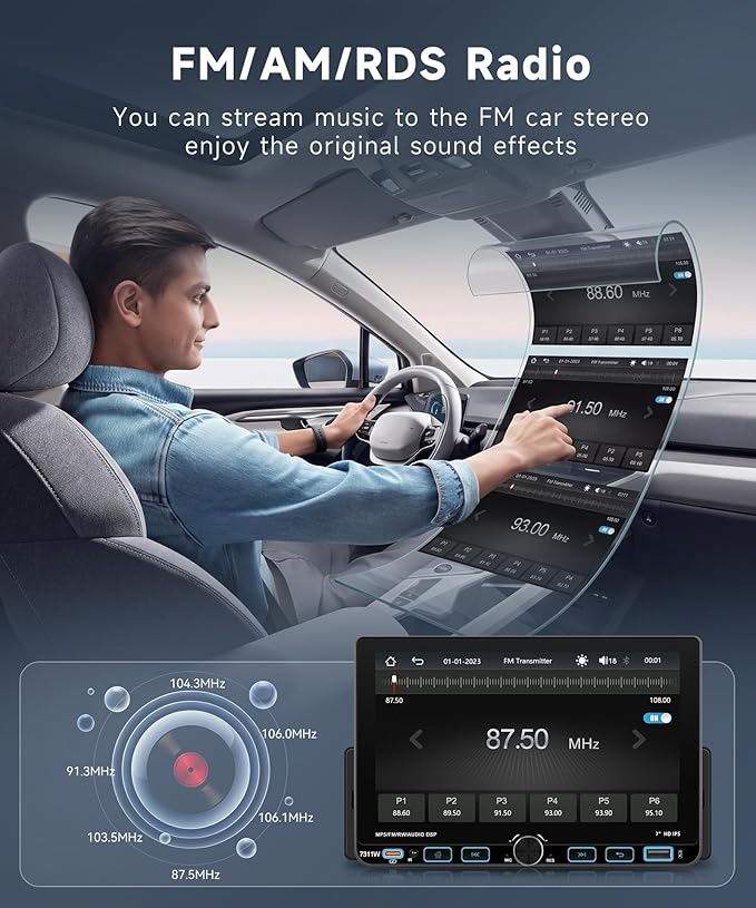 Single Din Radio Car Stereo with Wireless/Wired CarPlay & Android Auto, 7'' Single Din Touchscreen with BT,Mirror Link,FM/AM/RDS,EQ,USB/Type-C,Rear View Camera,SWC,Mic