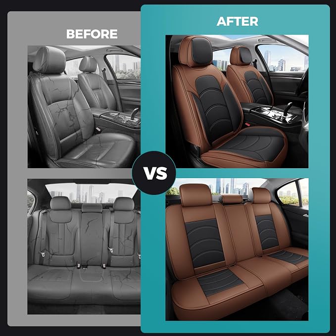 otoez Car Seat Covers Full Set, 5 Seats Waterproof Universal Leather Seat Cover for Cars, Front Rear Automotive Interior Protectors Full Coverage for Most Cars Sedens Trucks SUVs, Black+Brown