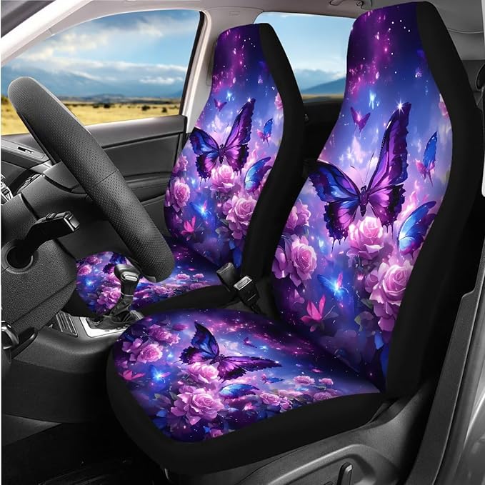 Beautiful Butterfly Roses Car Seat Cover Full Set for Women, with Car Steering Wheel Cover Auto Center Console Pad Seat Belt Pads, Automotive Interior Accessories Set of 8