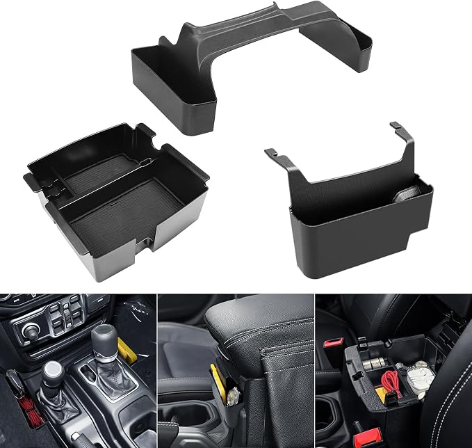 2025 2024 2023 2022-2018 3 Pcs Center Console Organizer for Jeep Wrangler JL JLU Accessories & Jeep Gladiator JT Accessories &Rubicon Sahara Gear Shift Side Tray Organizer Hanging Armrest Storage Box