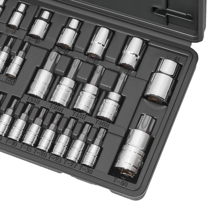 CARBYNE 36-Piece Torx Bit Socket and E-Torx Socket Set, T8 to T60, Tamper-Resistant Security Torx TT8 to TT55, External E4 to E18, S2 Steel Bits, 1/4 in 3/8 in and 1/2 in. Drive, Genuine Licensed Torx