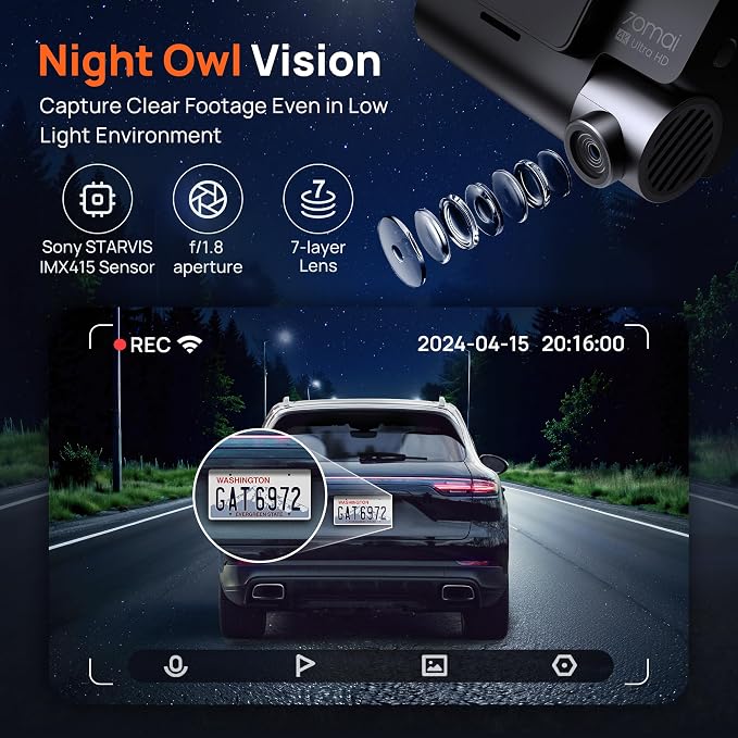 70mai 4K Dash Cam Front and Rear with STARVIS, Dashcam with 5GHz WiFi, GPS Car Camera, Super Night Vision, ADAS, 3'' IPS Screen, 24H Parking Mode, Time-Lapse, Loop Recording, Support 256GB Max (A800S)