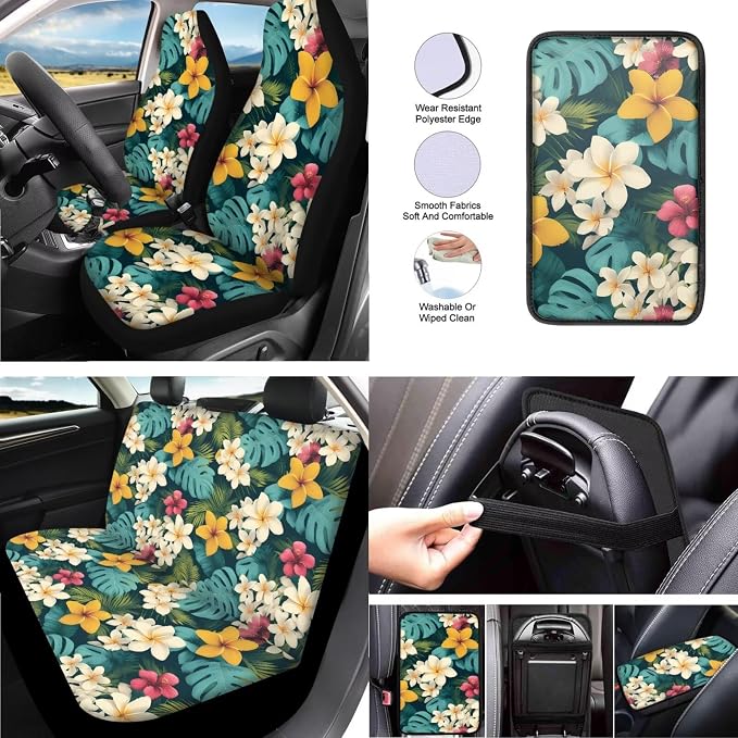 Plumeria 13 Pcs Car Seat Covers Full Set, Tropical Monstera Auto Front and Rear Bench Seat Protector, Hawaii Island Plants Steering Wheel Sleeve Auto Armrest Cover
