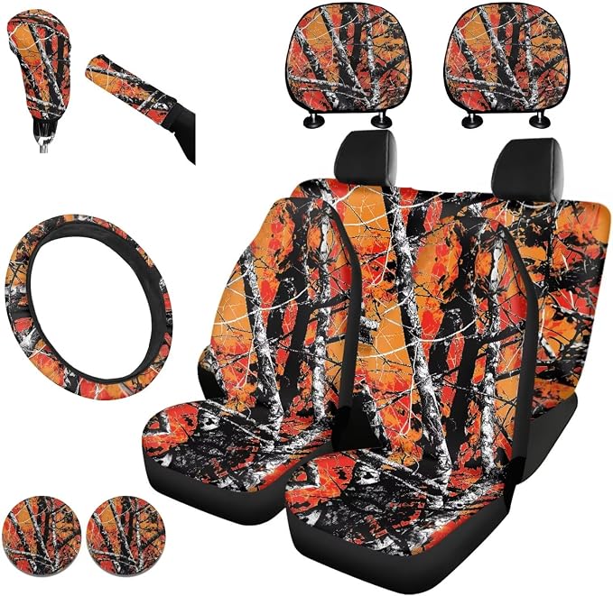 KEIAHUAN Camo Hunting Design Car Seat Cover Full Set 11 Pieces Front & Back with Handbrake Cover Gear Shift Cover,Steering Wheel Cover,Stretchy Headrest Cover,Auto Cup Coasters Universal Fit