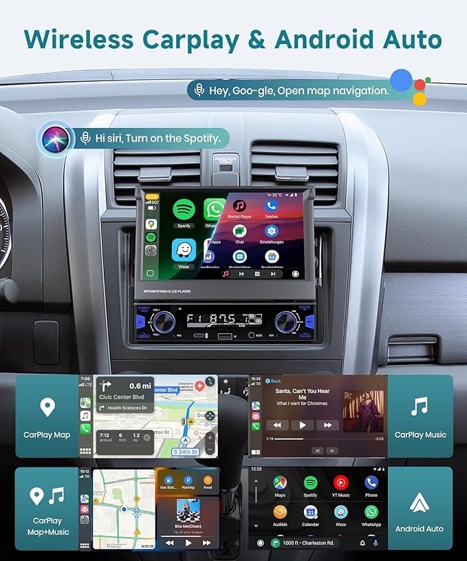 Single Din Flip Out Touchscreen Radio with AM/FM/RDS Wireless Carplay & Android Auto, Sellrich 7" Single Din Flip Out Touchscreen Car Stereo with BT SWC Backup Camera Mirror Link USB/AUX/Type-C