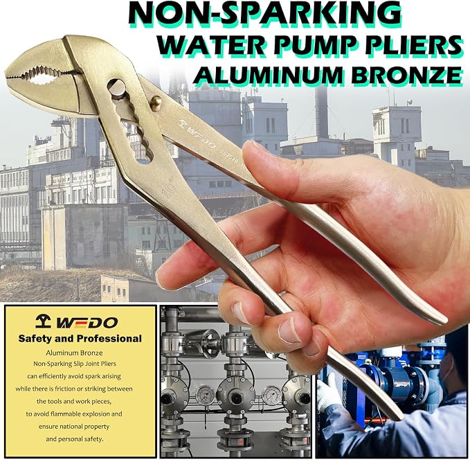 WEDO Non-Sparking Slip Joint Pliers, Spark-free Safety Water Pump Pliers, Length 250mm,Aluminum Bronze, 35mm Wide Opening Groove Joint Pliers,DIN Standard, BAM & FM Certificate