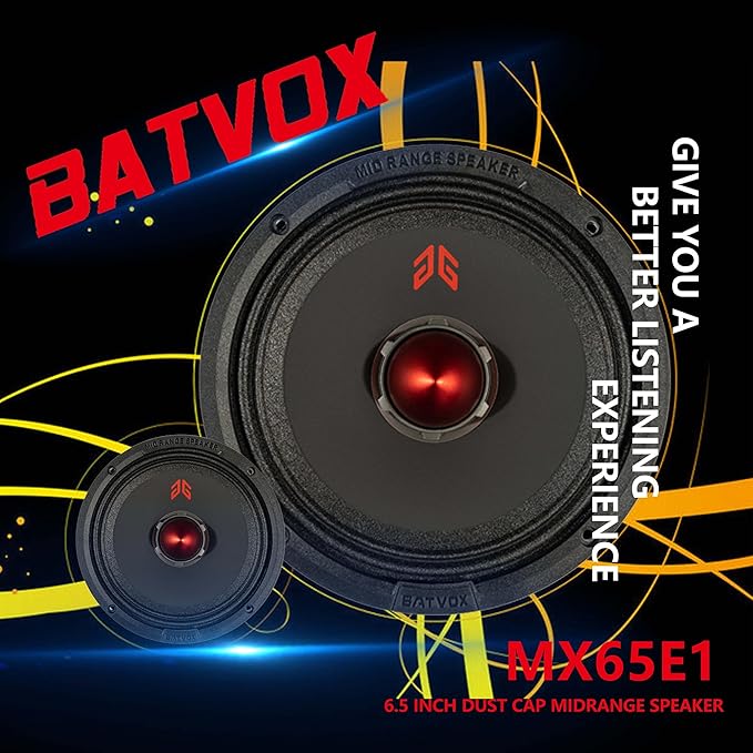 MX65E1 Loudspeaker 6.5 Inch Midrange 400 Watts 6 Ohms Red Bullet, Premium Quality Audio Door Speakers for Car or Truck Stereo Sound System, Black (2 Speakers)