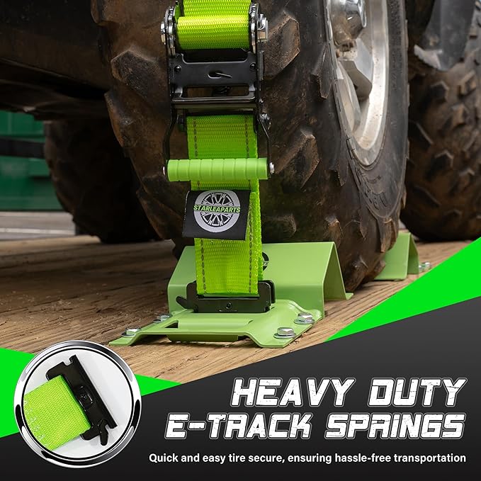 Heavy Duty Wheel Chock Tie Down Straps Set (4PK) - 4,400lb Guaranteed Max Break Strength, (2) 2" x 8' Trailer Tire Straps with (8) Wheel Chocks for ATV, UTV or Tractors