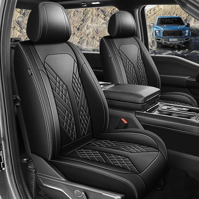 Front Seat Covers for Ford F150 2009-2024 2025 2026 - F250/F350/F450 2017-2024 2025 2026: Custom Faux Leather Truck Seat Covers Car Cushion (2 PCS Front,Black)